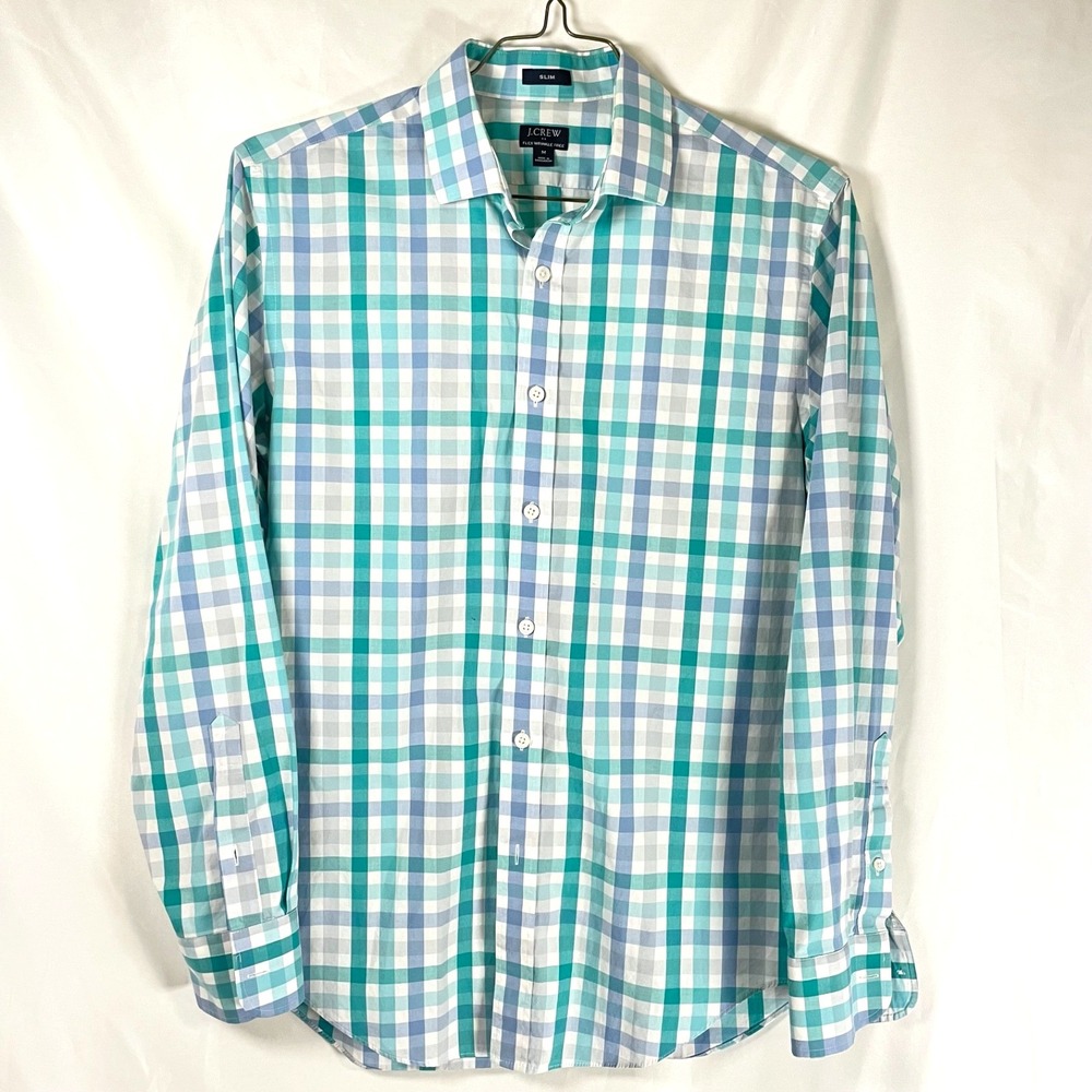 J Crew Shirt Mens Medium Button Up Flex Wrinkle Free Plaid Blue White Green Slim